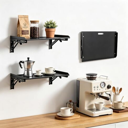 Folding Metal Floating Shelf, 16.9" x 11" Wall Mount Storage Rack with Lip, Heavy Duty Steel Fold Down Shelf for Garage, Kitchen, Bedroom, Office (2 Pack) in Saudi Arabia