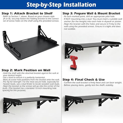 Folding Metal Floating Shelf, 16.9" x 11" Wall Mount Storage Rack with Lip, Heavy Duty Steel Fold Down Shelf for Garage, Kitchen, Bedroom, Office (2 Pack) in Saudi Arabia