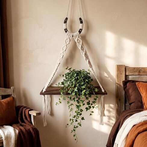 Horseshoe Macrame Wall Shelf Boho Western Wall Decor with Horseshoe Decor Rustic Wood Floating Shelf with Handwoven Cotton Cord Cowgirl Equestrian Farmhouse Wall Hanging Home Accents in Saudi Arabia