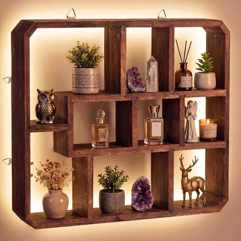 Pinkunn LED Rustic Shadow Box Display Shelf with Lights, 9 Compartments Wood Hanging Display Floating Shelves, Multi-Slot Wall Mounted or Freestanding Farmhouse Decor Displays Case for Collectibles in Kuwait