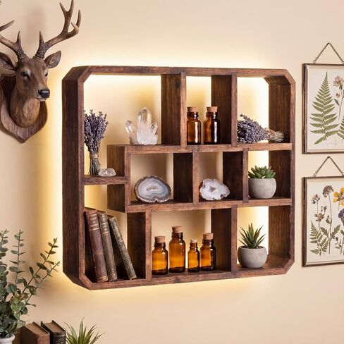Pinkunn LED Rustic Shadow Box Display Shelf with Lights, 9 Compartments Wood Hanging Display Floating Shelves, Multi-Slot Wall Mounted or Freestanding Farmhouse Decor Displays Case for Collectibles in Kuwait