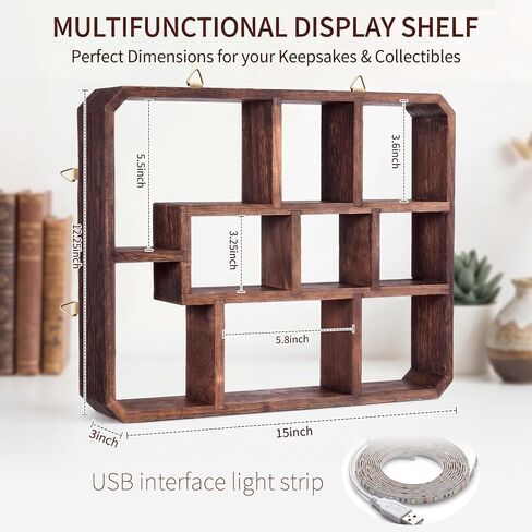 Pinkunn LED Rustic Shadow Box Display Shelf with Lights, 9 Compartments Wood Hanging Display Floating Shelves, Multi-Slot Wall Mounted or Freestanding Farmhouse Decor Displays Case for Collectibles in Kuwait
