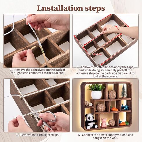 Pinkunn LED Rustic Shadow Box Display Shelf with Lights, 9 Compartments Wood Hanging Display Floating Shelves, Multi-Slot Wall Mounted or Freestanding Farmhouse Decor Displays Case for Collectibles in Kuwait