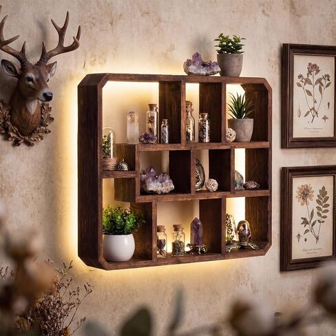 Pinkunn LED Rustic Shadow Box Display Shelf with Lights, 9 Compartments Wood Hanging Display Floating Shelves, Multi-Slot Wall Mounted or Freestanding Farmhouse Decor Displays Case for Collectibles in Kuwait