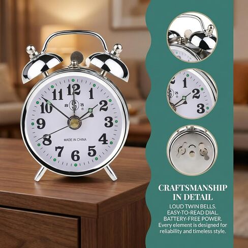 Vintage Mechanical Alarm Clock, Manual Wind Up Clock with Loud Twin Bell, Analog Retro Silver Alarm Clock for Bedroom Living Room, Glow in The Dark Needles in Saudi Arabia
