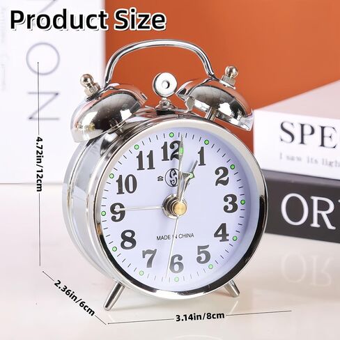 Vintage Mechanical Alarm Clock, Manual Wind Up Clock with Loud Twin Bell, Analog Retro Silver Alarm Clock for Bedroom Living Room, Glow in The Dark Needles in Saudi Arabia