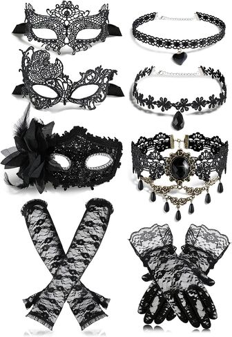Halloween Masquerade Costume Set for Women Black Lace Masks Gloves Gothic Choker Necklace Cosplay Party Accessories in Saudi Arabia