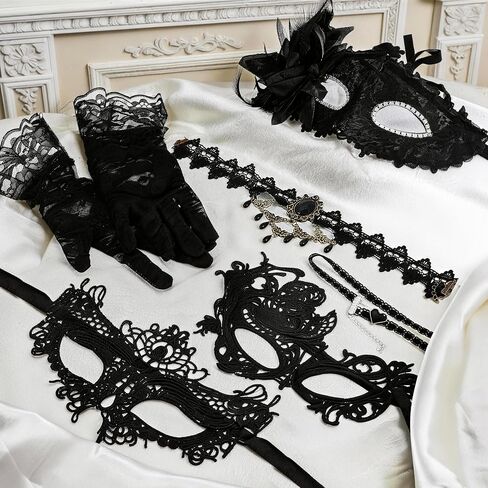 Halloween Masquerade Costume Set for Women Black Lace Masks Gloves Gothic Choker Necklace Cosplay Party Accessories in Saudi Arabia