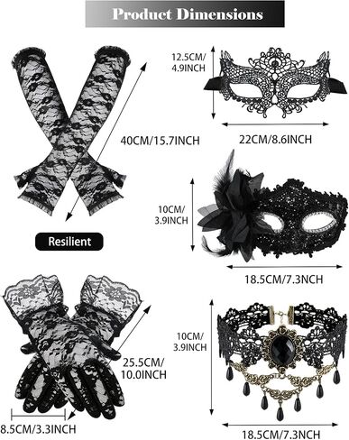Halloween Masquerade Costume Set for Women Black Lace Masks Gloves Gothic Choker Necklace Cosplay Party Accessories in Saudi Arabia