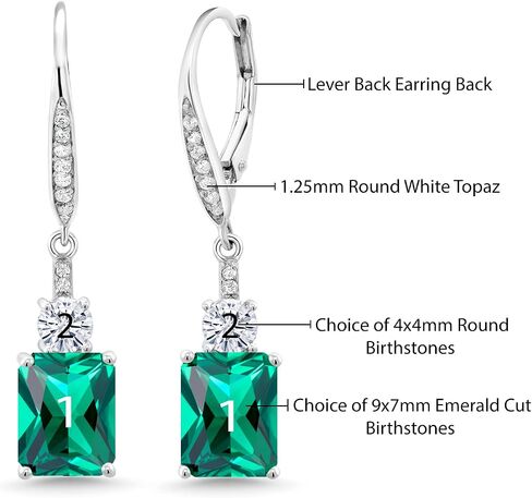 Gem Stone King Customized and Personalized Gemstone Birthstone Dangle Earrings For Women | 925 Sterling Silver | 5.68 Cttw | Emerald Cut 9X7MM in Kuwait