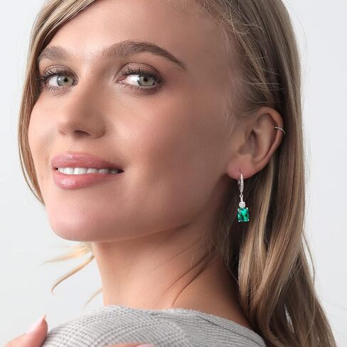 Gem Stone King Customized and Personalized Gemstone Birthstone Dangle Earrings For Women | 925 Sterling Silver | 5.68 Cttw | Emerald Cut 9X7MM in Kuwait