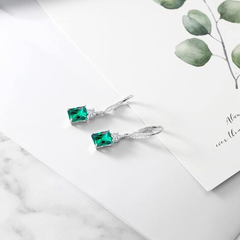 Gem Stone King Customized and Personalized Gemstone Birthstone Dangle Earrings For Women | 925 Sterling Silver | 5.68 Cttw | Emerald Cut 9X7MM in Kuwait