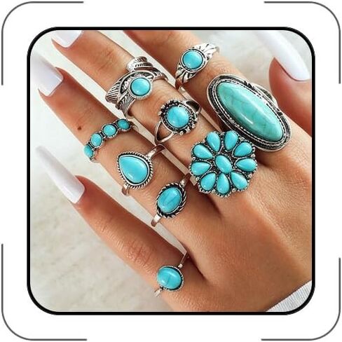 Turquoise Rings for Women Stackable Boho Turquoise Ring Set Vintage Western Rings Open Adjustable Knuckle Midi Finger Ring Rodeo Cowboy Country Concert Outfits Western Jewelry for Women in Saudi Arabia