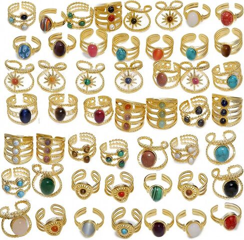 50Pcs Wholesale Bulk Rings for Women, Gold-Tone Stainless Steel Bohemian Style Adjustable Rings with Assorted Stones, Vintage Rings Set for Boutique & Gift Shop Retailers (50PCS) in Saudi Arabia