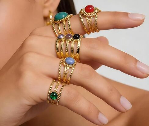 50Pcs Wholesale Bulk Rings for Women, Gold-Tone Stainless Steel Bohemian Style Adjustable Rings with Assorted Stones, Vintage Rings Set for Boutique & Gift Shop Retailers (50PCS) in Saudi Arabia