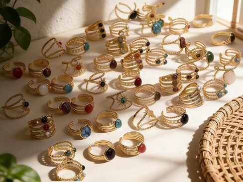 50Pcs Wholesale Bulk Rings for Women, Gold-Tone Stainless Steel Bohemian Style Adjustable Rings with Assorted Stones, Vintage Rings Set for Boutique & Gift Shop Retailers (50PCS) in Saudi Arabia