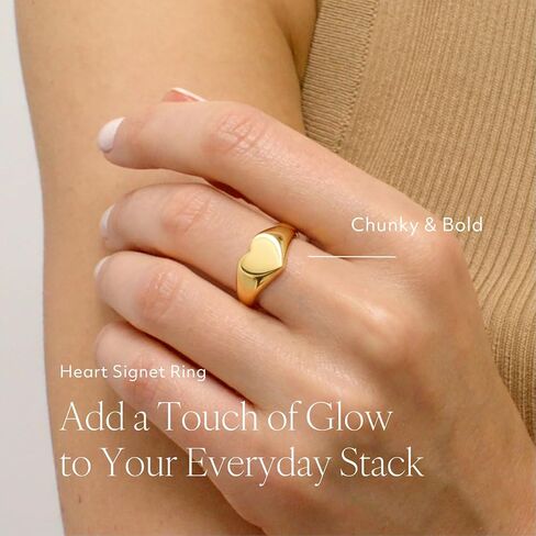 Gold Chunky Signet Stackable Pinky Ring for Women Men, Guardian Angel Cherub, Tarnish-Resistant 18K Gold Plated Stainless Steel Size 3 4 5 6 7 8 9 10 11 (Bold Heart Signet/4) in Saudi Arabia