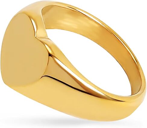 Gold Chunky Signet Stackable Pinky Ring for Women Men, Guardian Angel Cherub, Tarnish-Resistant 18K Gold Plated Stainless Steel Size 3 4 5 6 7 8 9 10 11 (Bold Heart Signet/4) in Saudi Arabia