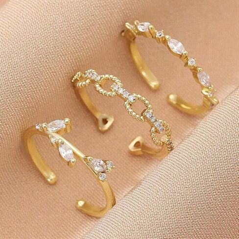 Non-Tarnish Adjustable Copper Ring Set, 3 Pieces with Beads and Rhinestone, Stackable Fashion Rings, Great Gift for Women in Kuwait