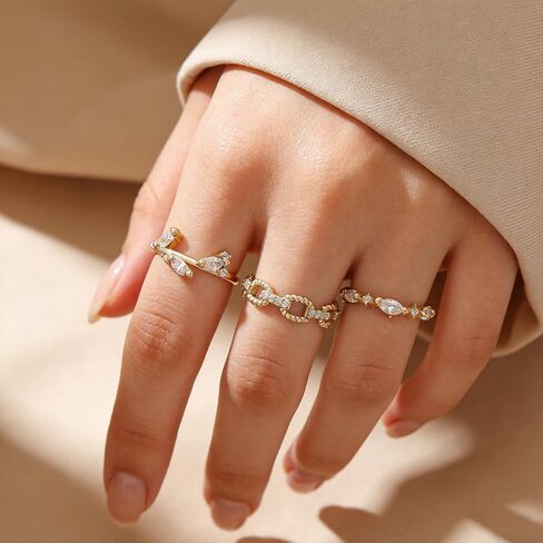 Non-Tarnish Adjustable Copper Ring Set, 3 Pieces with Beads and Rhinestone, Stackable Fashion Rings, Great Gift for Women in Kuwait