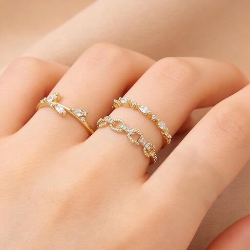 Non-Tarnish Adjustable Copper Ring Set, 3 Pieces with Beads and Rhinestone, Stackable Fashion Rings, Great Gift for Women in Kuwait