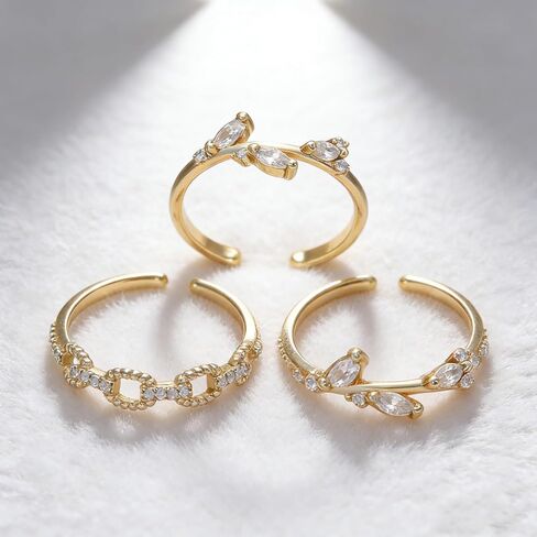 Non-Tarnish Adjustable Copper Ring Set, 3 Pieces with Beads and Rhinestone, Stackable Fashion Rings, Great Gift for Women in Kuwait