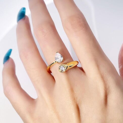 TIANYU GEMS Open Adjustable Ring for Women, 14K Gold Plated Stacking Ring with Pear & Round Zircon, Size 4.5-8.5, Elegant Minimalist Dainty Jewelry Gift for Her in Saudi Arabia