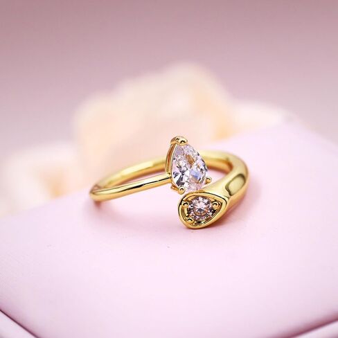 TIANYU GEMS Open Adjustable Ring for Women, 14K Gold Plated Stacking Ring with Pear & Round Zircon, Size 4.5-8.5, Elegant Minimalist Dainty Jewelry Gift for Her in Saudi Arabia
