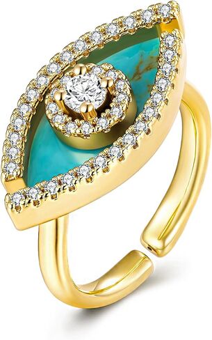 SNGIA 18K Gold Plated Adjustable Open Ring for Women Natural Stone CZ Statement Ring Tiger Eye Emerald Ruby Lapis Black Onyx Turquoise Evil Eye Boho Stackable Cocktail Ring Birthday Gift Jewelry in Kuwait