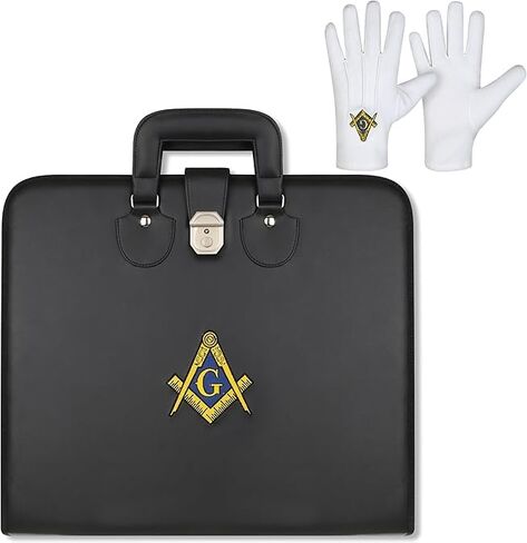 Masonic Embroidered Square and Compass Black Master Mason Soft Apron Case with Free Cotton Gloves, Blue Lodge Provincial Size 16x18 Inches, 100% Lambskin in Kuwait