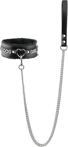 Black Furry Heart Ring Leather Choker and Leash Set, Punk Gothic Grunge Emo Necklace For Women, Rhinestones Letter Collar with Durable Aluminum Chain Leash in Saudi Arabia