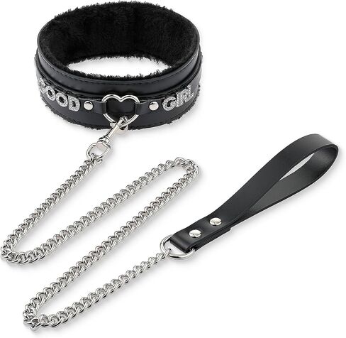 Black Furry Heart Ring Leather Choker and Leash Set, Punk Gothic Grunge Emo Necklace For Women, Rhinestones Letter Collar with Durable Aluminum Chain Leash in Saudi Arabia