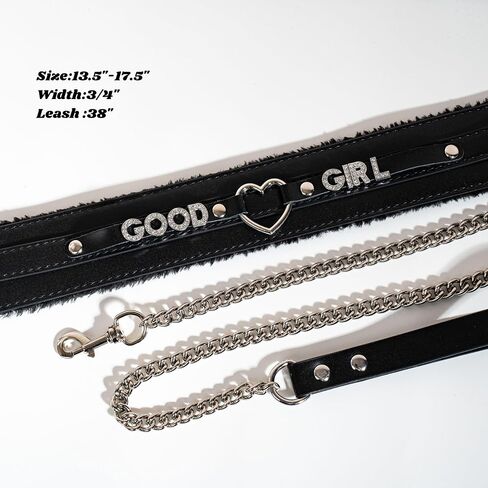 Black Furry Heart Ring Leather Choker and Leash Set, Punk Gothic Grunge Emo Necklace For Women, Rhinestones Letter Collar with Durable Aluminum Chain Leash in Saudi Arabia