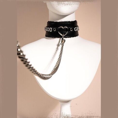 Black Furry Heart Ring Leather Choker and Leash Set, Punk Gothic Grunge Emo Necklace For Women, Rhinestones Letter Collar with Durable Aluminum Chain Leash in Saudi Arabia