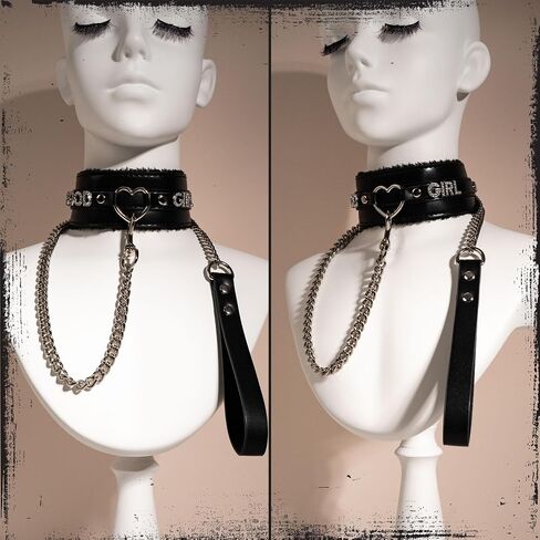 Black Furry Heart Ring Leather Choker and Leash Set, Punk Gothic Grunge Emo Necklace For Women, Rhinestones Letter Collar with Durable Aluminum Chain Leash in Saudi Arabia