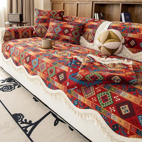 VOGOL Boho Geometric Couch Cover, Non Slip Woven Sofa Slipcovers, 27x60 | Washable Couch Cover for Dogs and Pets, Breathable Furniture Protector for Loveseat, Sectional Sofa, Armchair, Plaid Style in Kuwait