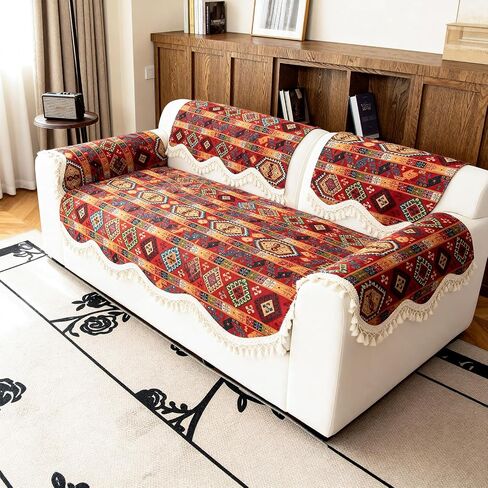 VOGOL Boho Geometric Couch Cover, Non Slip Woven Sofa Slipcovers, 27x60 | Washable Couch Cover for Dogs and Pets, Breathable Furniture Protector for Loveseat, Sectional Sofa, Armchair, Plaid Style in Kuwait
