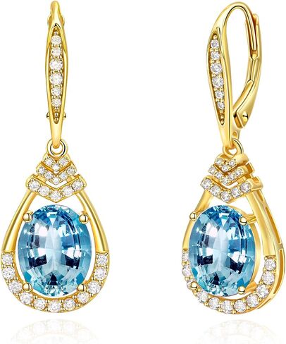 Sterling Silver Birthstone Dangle Earrings for Women Oval Cut CZ Teardrop Leverback Earring Hypoallergenic Anniversary Jewelry for Wife Mom Birthday Gifts in Saudi Arabia