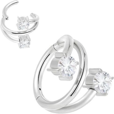2PCS Titanium Double Hoop Gem Septum Ring | 16G Hinged Segment Ring Clicker | CZ Crystal Nose Hoop Lip Tragus Helix Daith Cartilage Earring | Implant Grade Body Piercing Jewelry in Kuwait