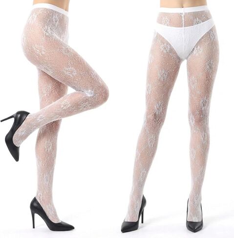 Yolev White Lace Tights, Women's High Waist Fishnet Stockings, Floral Lace Leggings, Stretchy Pantyhose in Kuwait