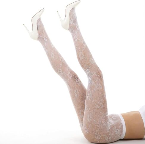 Yolev White Lace Tights, Women's High Waist Fishnet Stockings, Floral Lace Leggings, Stretchy Pantyhose in Kuwait