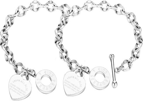 Elegant 2-Piece Gold/Silver Plated Charm Bracelet Set for Women – Stainless Steel Love Heart Design with OT Clasp, Beautifully Gift-Ready in Green Bag – Perfect Birthday or Anniversary Jewelry Gift in Saudi Arabia
