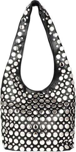 Black Studded Shoulder Bag for Women - Stylish Black PU Leather Rivet Shoulder Bag with Adsorptive Closure, Y2K Style Small Bucket Tote Handbag with Inner Zipper Pocket in Saudi Arabia