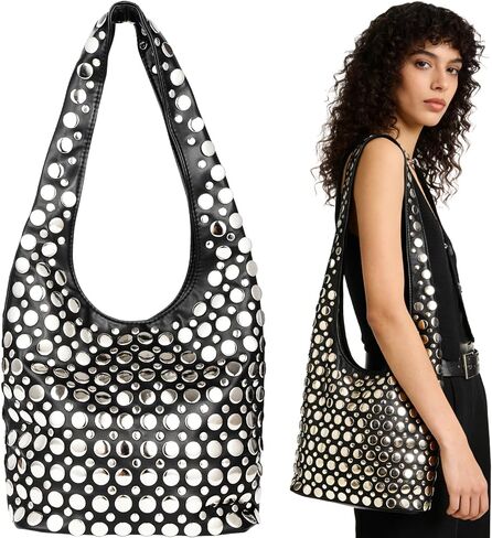 Black Studded Shoulder Bag for Women - Stylish Black PU Leather Rivet Shoulder Bag with Adsorptive Closure, Y2K Style Small Bucket Tote Handbag with Inner Zipper Pocket in Saudi Arabia