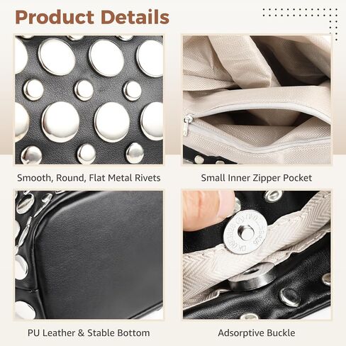 Black Studded Shoulder Bag for Women - Stylish Black PU Leather Rivet Shoulder Bag with Adsorptive Closure, Y2K Style Small Bucket Tote Handbag with Inner Zipper Pocket in Saudi Arabia