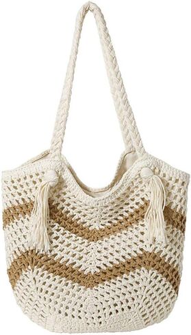 Crochet Beach Tote bag with Tassels. Bohemian Hollow-Out Knit Shoulder Bag for Women, Woven Hobo Handbag in Saudi Arabia