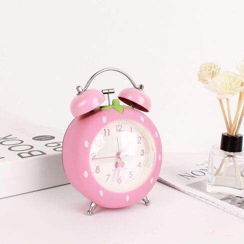 4 inches Twin Bell Alarm Clock Strawberry,Backlight,Battery Operated,Non Ticking,Analog Loud Alarm Clock for Bedroom,Bedside,Desk,Pink, One Size in Saudi Arabia