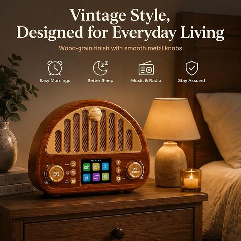 Vintage Digital Clock Radio with NOAA Weather Alert & Soft Color Display, Bluetooth FM Radio with Dual Alarm | 40 Presets | Sleep Timer, Wood-Grain Design & Easy Knob, Retro Bedside Radio for Bedroom in Saudi Arabia