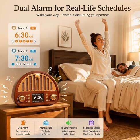 Vintage Digital Clock Radio with NOAA Weather Alert & Soft Color Display, Bluetooth FM Radio with Dual Alarm | 40 Presets | Sleep Timer, Wood-Grain Design & Easy Knob, Retro Bedside Radio for Bedroom in Saudi Arabia