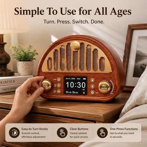 Vintage Digital Clock Radio with NOAA Weather Alert & Soft Color Display, Bluetooth FM Radio with Dual Alarm | 40 Presets | Sleep Timer, Wood-Grain Design & Easy Knob, Retro Bedside Radio for Bedroom in Saudi Arabia